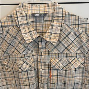 Stio Men's Casual Plaid Shirt - Cream and Blue